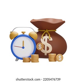 3D Illustration Time Clock Money Bag Coin