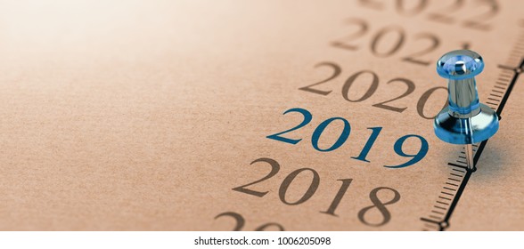 3D Illustration Of A Timeline On Kraft Paper With Focus On 2019 And A Blue Thumbtack. Year Two Thousand Nineteen 