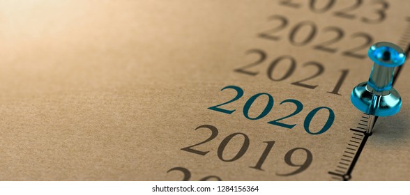 3D Illustration Of A Timeline On Kraft Paper With Focus On 2020 And A Blue Thumbtack. Year Two Thousand And Twenty