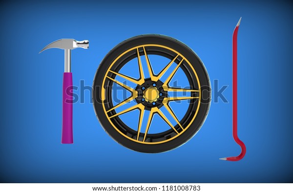 3d illustration of tire fitting equipment
isolated on blue
background