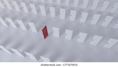 3D Illustration - Top View Of Multiple Doors With Only One Open Red Door