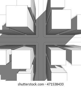 3d illustration. Top view of the non-existent modern intersection with skyscrapers. Line black and white graphics with shadows.