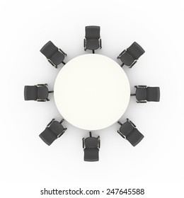 3d Illustration Top View Of Office Chairs And Business Conference Meeting Round Table