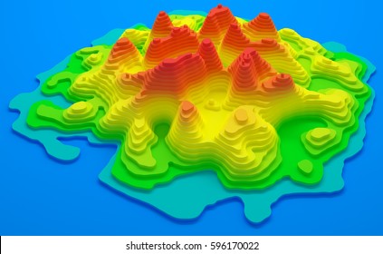 3D illustration. Topographical map of an island. Elevation in colors from blue to red.