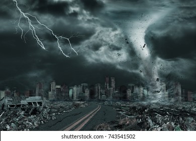 3D illustration of tornado or hurricane's destruction along its path toward fictitious city with flying debris and collapsing structures. Concept of natural disasters, judgment day, apocalypse.