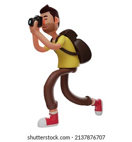 3D illustration. 3D Tourist Cartoon character carrying a bag and camera. Point the camera at the object he is photographing. 3D Cartoon Character - Powered by Shutterstock