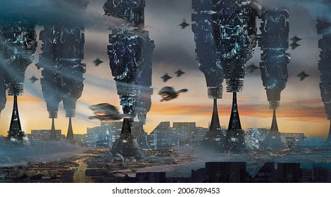 3d illustration of towering sci-fi buildings and flying cars in a futuristic city environment - digital fantasy painting