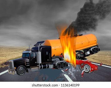 3D Illustration Of Tractor Trailer Truck And Exotic Car In Accident