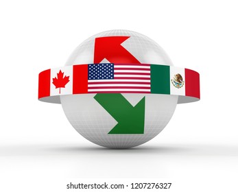 3D illustration of Trade Sphere and cylindrical ribbon Flags of USA, Mexico and Canada, signifying the trade relationship and treaties between the three countries.