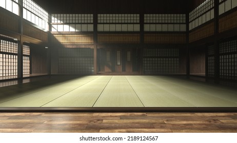 Ilustración 3D de un dojo tradicional japonés o escuela de karate con neblina en el aire