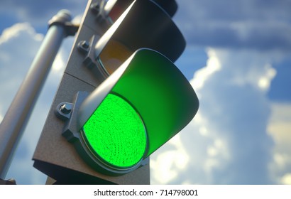 3D illustration. Traffic light with green light on, signal open to go ahead.