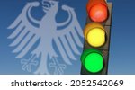 3D illustration, Traffic light red, yellow, green. Symbolic image for a coalition of the SPD, FDP and the Greens. 