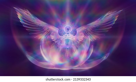 3d illustration a translucent angel on a lotus spread his wings and folded his hands in prayer