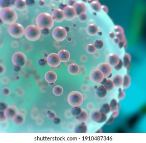 
3d illustration of translucent green sphere covered in translucent colored spheres on bluish green spotted background with blur