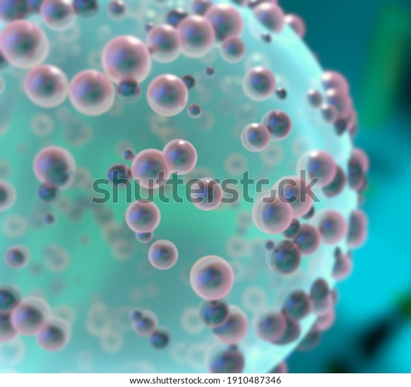 \
3d illustration of translucent green sphere\
covered in translucent colored spheres on bluish green spotted\
background with\
blur