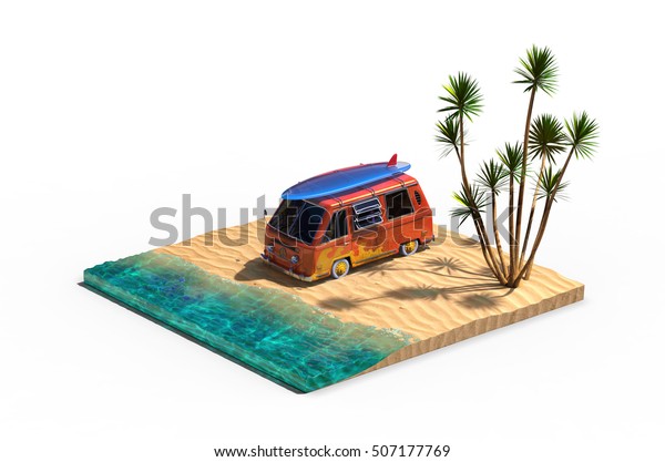 3d illustration of travel car with surf board on the\
roof, beach and palm trees, sunny hot holiday, cartoon minivan,\
camping place 