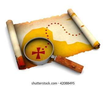 3d Illustration Of Treasure Map And Magnify Glass