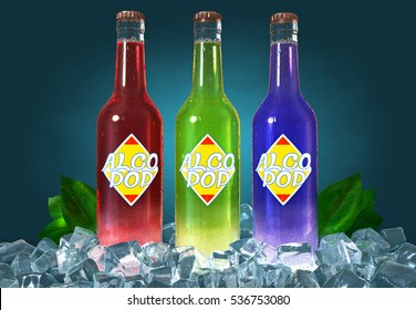3d illustration of tree bottles of alcoholic drinks in different colors standing on ice cubes