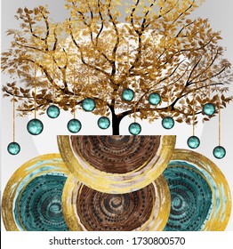3d illustration of tree and hanging balls. Luxurious abstract art digital painting for wallpaper