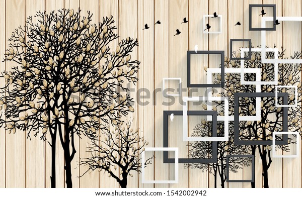 3D Illustration of tree wallpaper with wooden background- 3d wallpaper