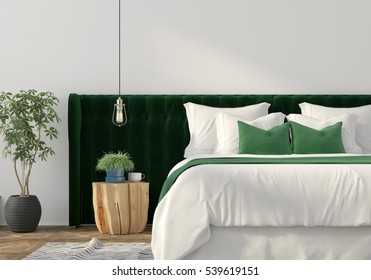 3D Illustration. Trendy Bedroom Interior With Green Velvet Back Of The Bed And Wooden Table