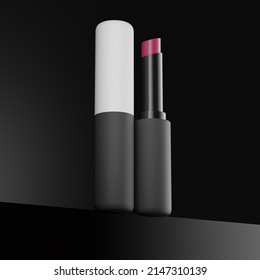 3d Illustration Of Trendy Lipstick Template On Black Background. Fashion Cosmetics. Makeup Design Background. Use Flyer, Banner, Flyer Template For Advertising.