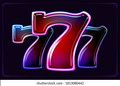 3D illustration of triple 777's neon slot  symbols, isolated on dark background. Combination of three lucky number 7's on slot games in casino gambling have the largest cash prizes.