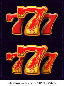 3D illustration of triple 777's slot symbols in flames, isolated on dark background. Combination of three lucky number 7's on slot games in casino gambling have the largest cash prizes.