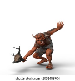 3D Illustration Of A Troll In Battle With A Wooden Club Weapon Isolated On A White Background.