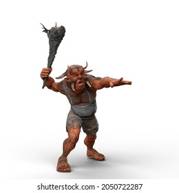 3D Illustration Of A Troll Fantasy Creature Weilding A Large Wooden Club Weapon Isolated On A White Background.