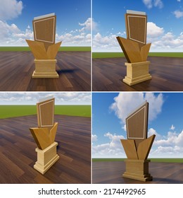 3d Illustration Trophy Award Wood Base Construction With Blank Space Content Logo Company For Winner Appreciation.