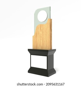 3d Illustration Trophy Display With Wood Texture And Blank Space For Logo Company. High Resolution Image White Background Isolated