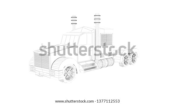 3D illustration of truck drawn with lines on\
white background