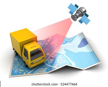 3d Illustration Of Truck Tracking With Satellite, Over Map Background