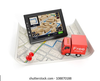 3d Illustration: Trucking In The City. Map And GPS With A Truck On A White Background