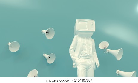 3D illustration of TV instead of a Head and flying megaphones with Blue Background