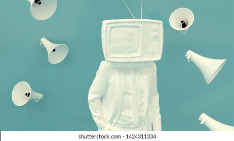 3D illustration of TV instead of a Head and flying megaphones with Blue Background