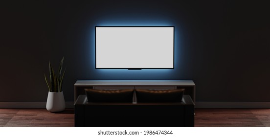 3D Illustration Tv Mockup In The Dark  Living Room At Night. Tv Screen, Tv Cabinet, Plant