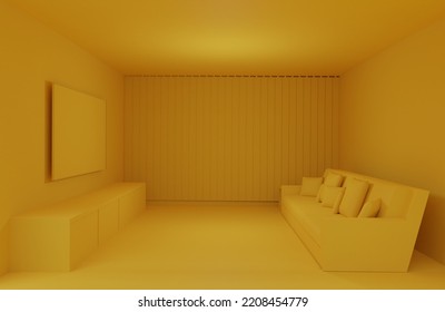 A 3D Illustration, Tv Room With Sofa, Cushions, Multifurniture, All Yellow , 3D Rendering