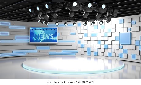 3D illustration Tv studio. News room. Blye and red background. General and close-up shot. News Studio. Studio Background. Newsroom bakground. The perfect backdrop for any green screen or chroma key