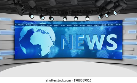 3D Illustration Tv Studio. News Room. Blye Background. News Studio. Studio Background. Newsroom Bakground. The Perfect Backdrop For Any Green Screen Or Chroma Key Production.