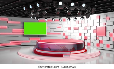 3D Illustration Tv Studio. News Room. Red Background. News Studio. Studio Background. Newsroom Bakground. The Perfect Backdrop For Any Green Screen Or Chroma Key Production.