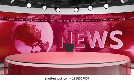 3D Illustration Tv Studio. News Room. Red Background. News Studio. Studio Background. Newsroom Bakground. The Perfect Backdrop For Any Green Screen Or Chroma Key Production.