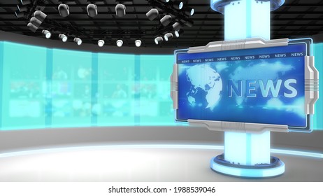 3D Illustration Tv Studio. News Room. Blye Background. News Studio. Studio Background. Newsroom Bakground. The Perfect Backdrop For Any Green Screen Or Chroma Key Production.