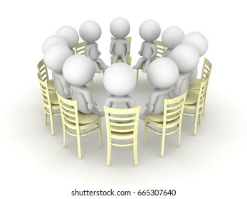 3D Illustration Of Twelve Step Program Help Group. There Are Twelve Small People Sitting On Chairs In A Circle.
