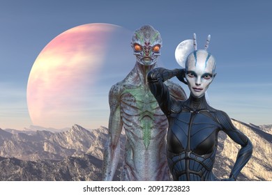 3d Illustration Two Aliens Having Fun On An Extraterrestrial World.