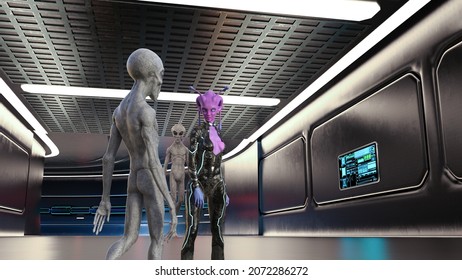 3d Illustration Of Two Aliens Talking With One Walking In A Starship Corridor.