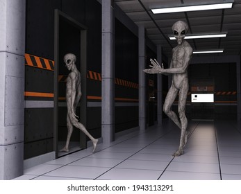 3d Illustration Of Two Aliens Walking In A Corridor With One Going Through A Doorway.