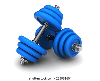 3d Illustration Of Two Blue Dumbells Over White Background