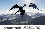 3d illustration of two different color dragons flying on an extraterrestrial world with mountains beneath.